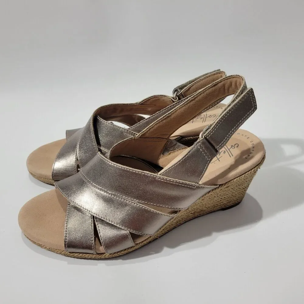Clarks Collection Gold Espadrilles Slingback Wedge Sandals Sz 8M